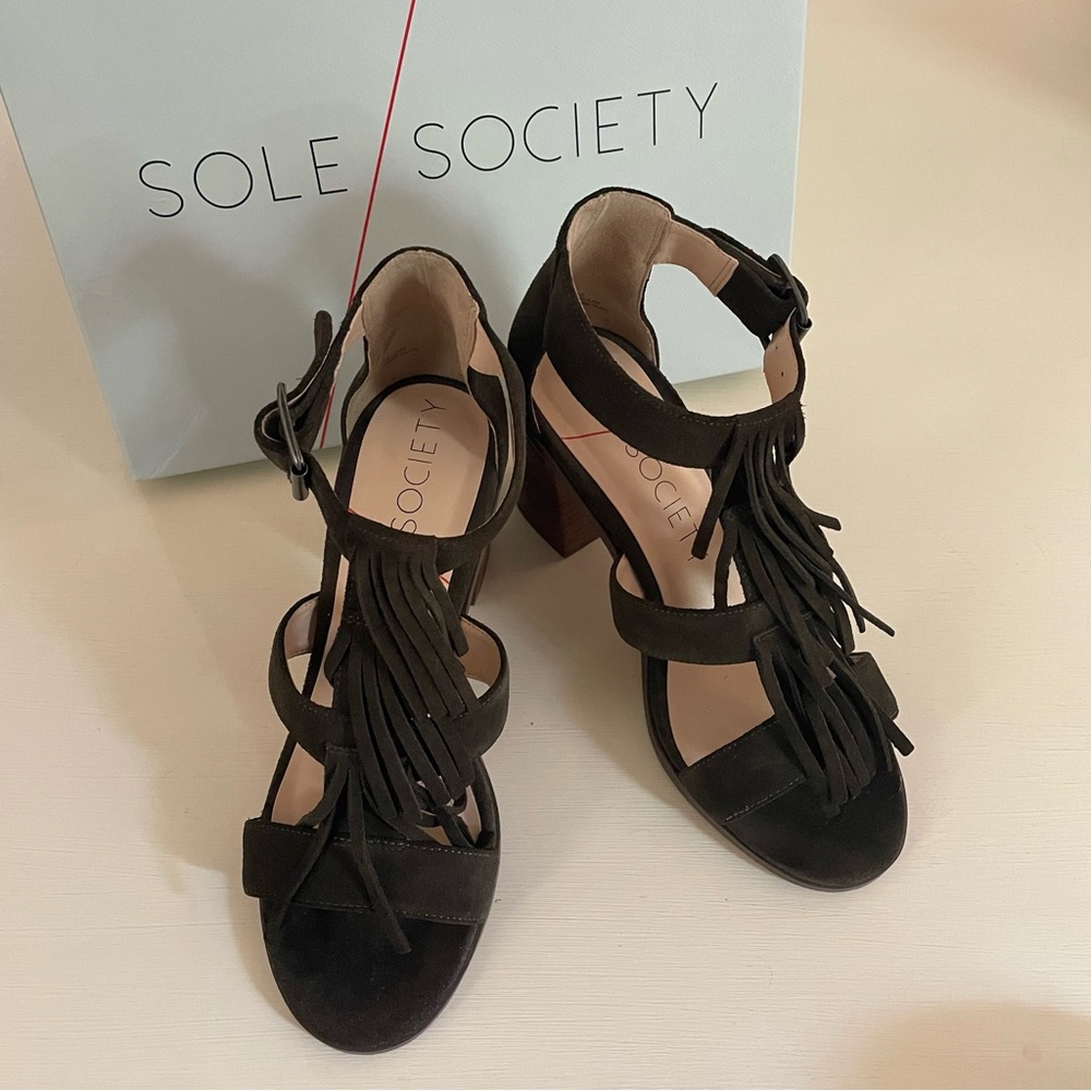 Sole Society Delilah Dark Green Suede Fringe Block Heels Size 8.5